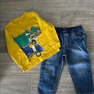 Yellow Truck Graphic Long Sleeve Shirt and Blue Jeans Set